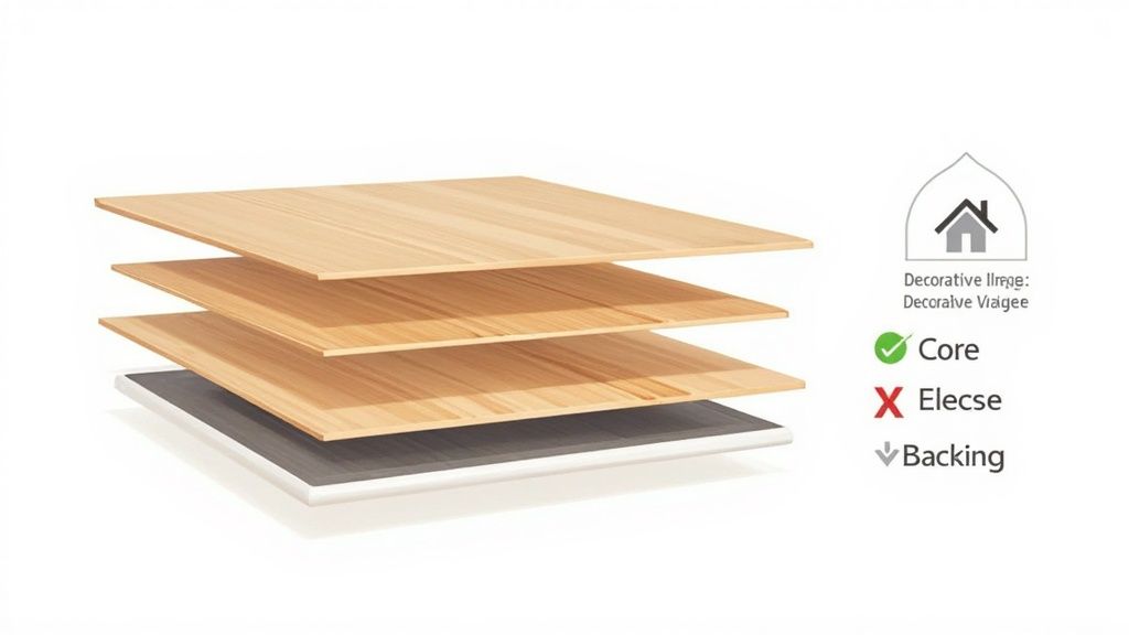 Diagram showing multiple layers of flooring material, including decorative, core, and backing with labels.