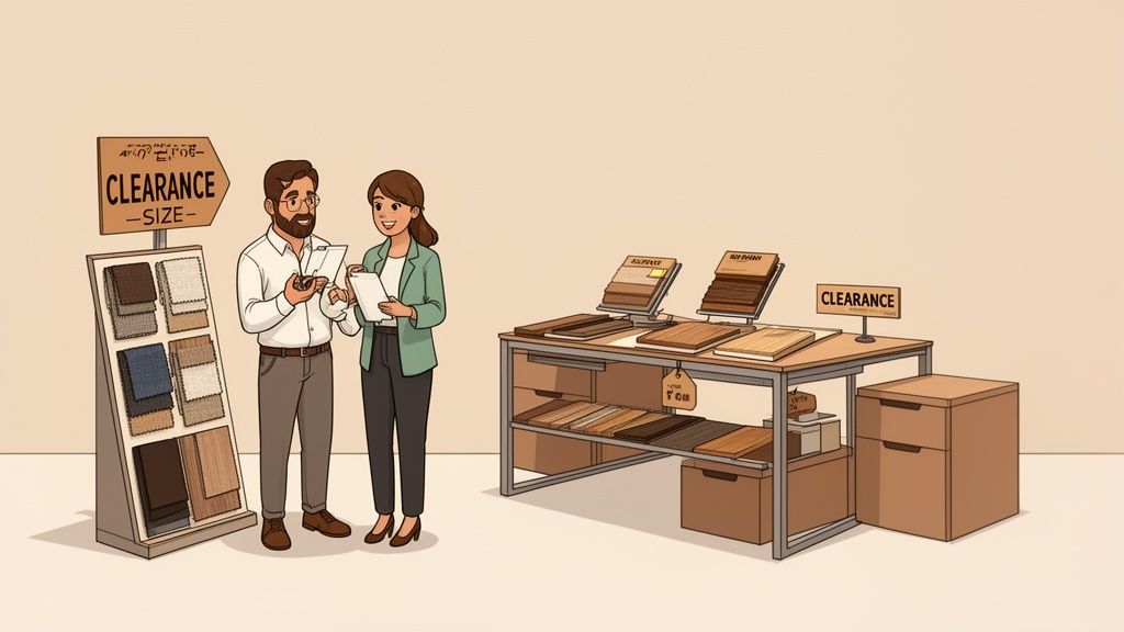 Two people, a man and a woman, discussing material samples in a showroom with clearance signs.