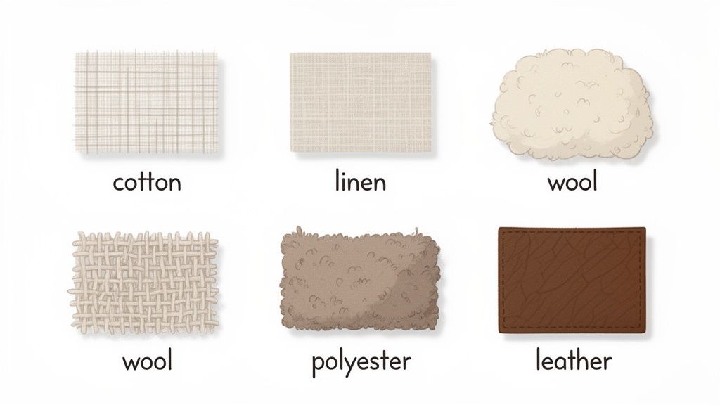 Six distinct swatches showcasing various upholstery materials: cotton, linen, two types of wool, polyester, and leather.