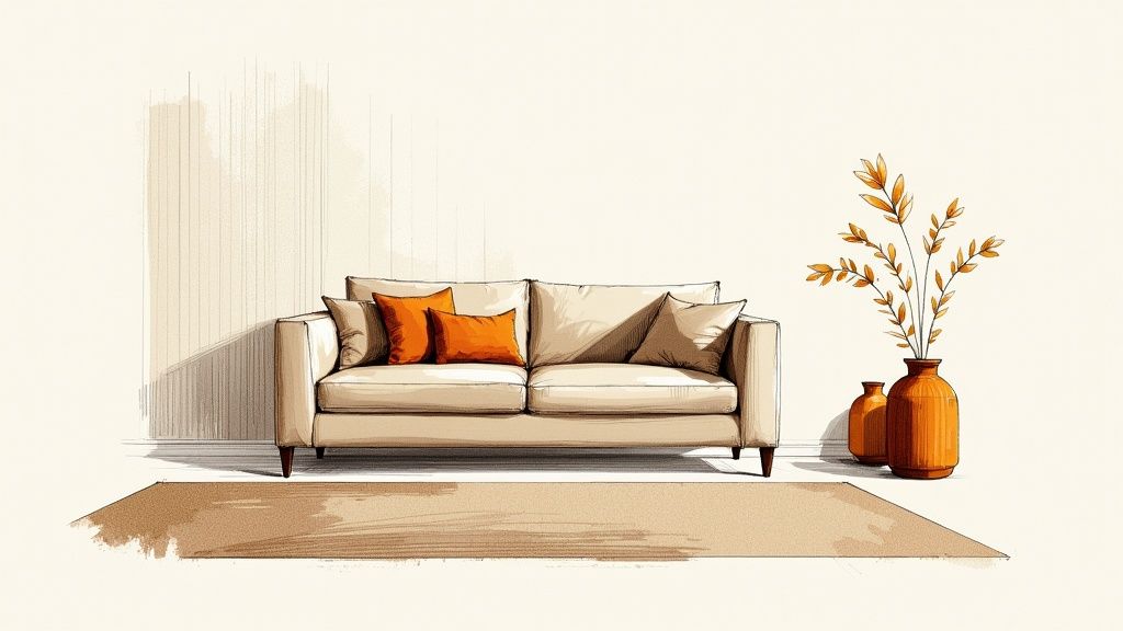 A minimalist living room sketch featuring a light sofa, orange pillows, and decorative vases with fall branches.
