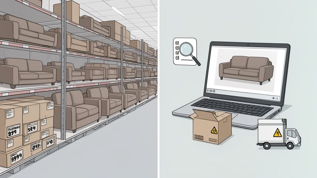 A cartoon showing a large furniture warehouse and online shopping for a sofa with delivery.