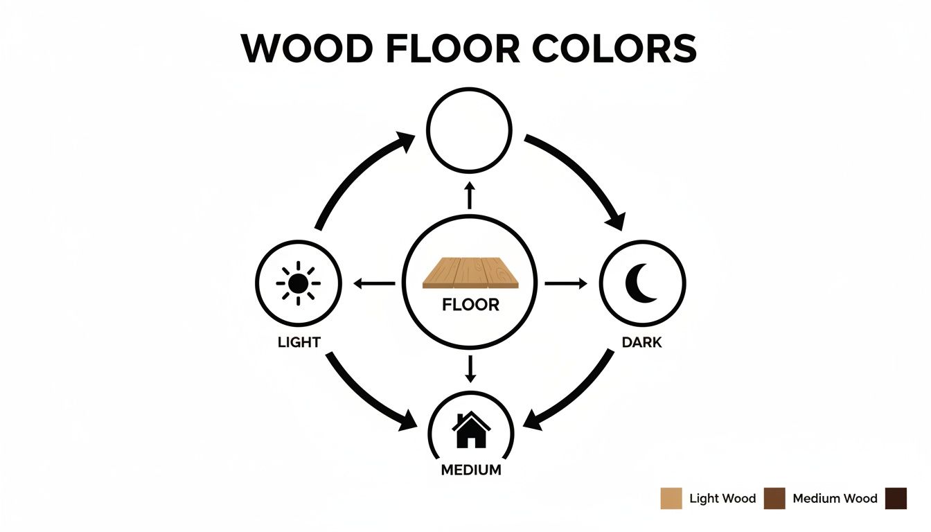 A diagram illustrating light, medium, and dark wood floor color options with a color legend.