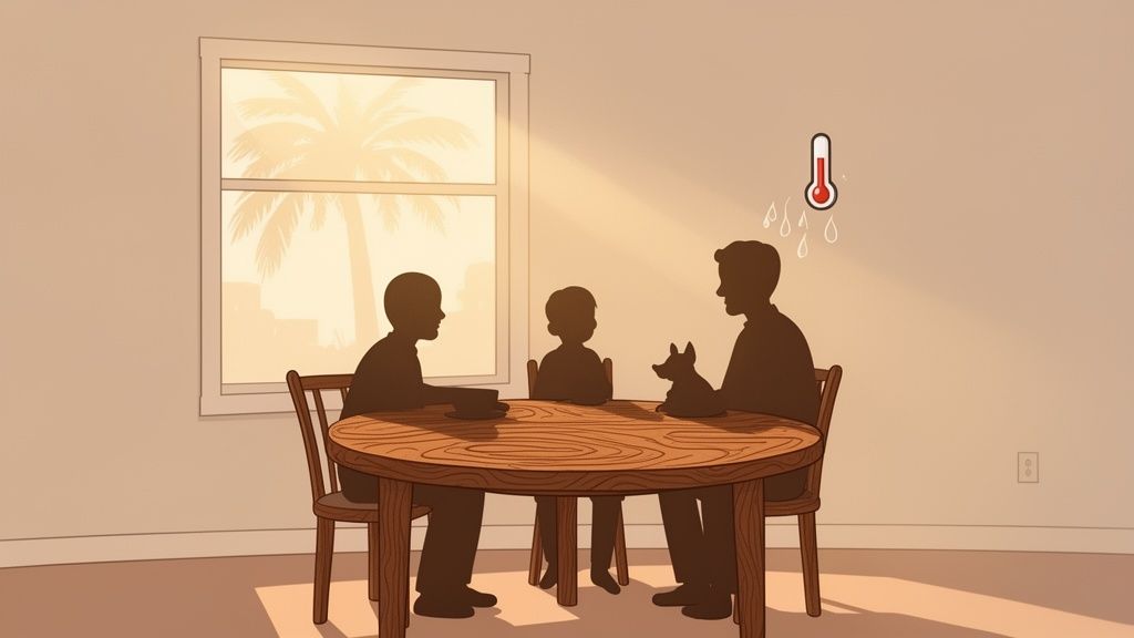 Silhouetted family and dog at a wooden dining table, with warm sunlight through a window, indicating a hot day.