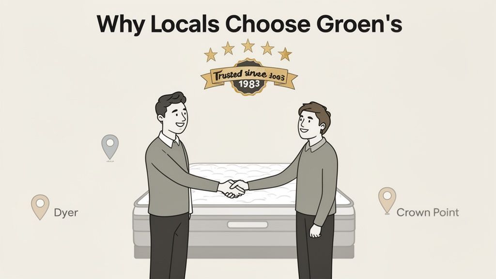 Two men shaking hands over a mattress, symbolizing Groen's trusted local service in Dyer and Crown Point.