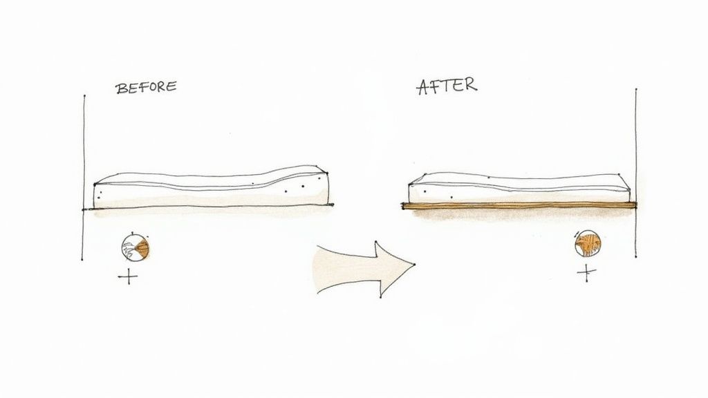 Woman adding a white mattress topper to her bed.