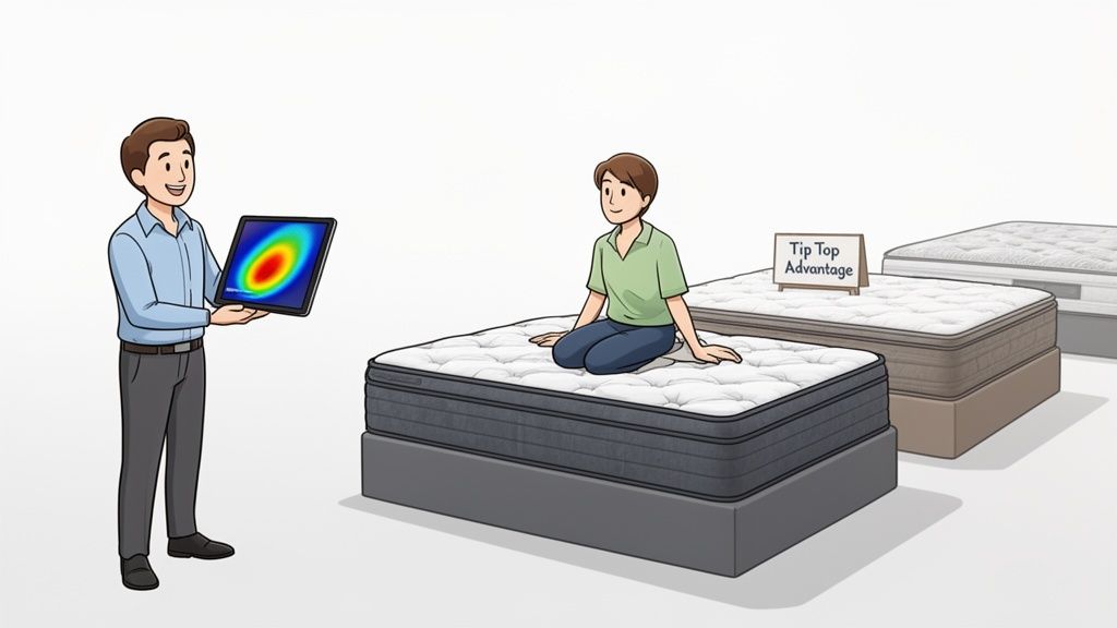 A man holds a tablet showing a heat map, demonstrating mattress comfort to a person sitting on a bed.