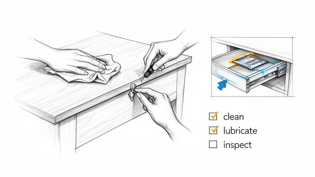 Step-by-step guide illustrating hands cleaning a desk, lubricating a hinge, and a drawer maintenance checklist.