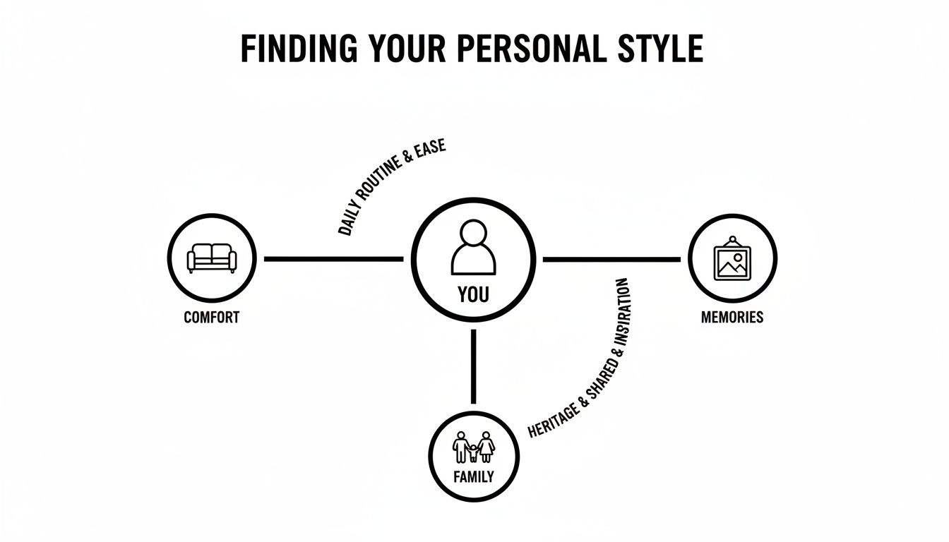 A diagram titled 'Finding Your Personal Style' connecting 'You' to Comfort, Memories, and Family.