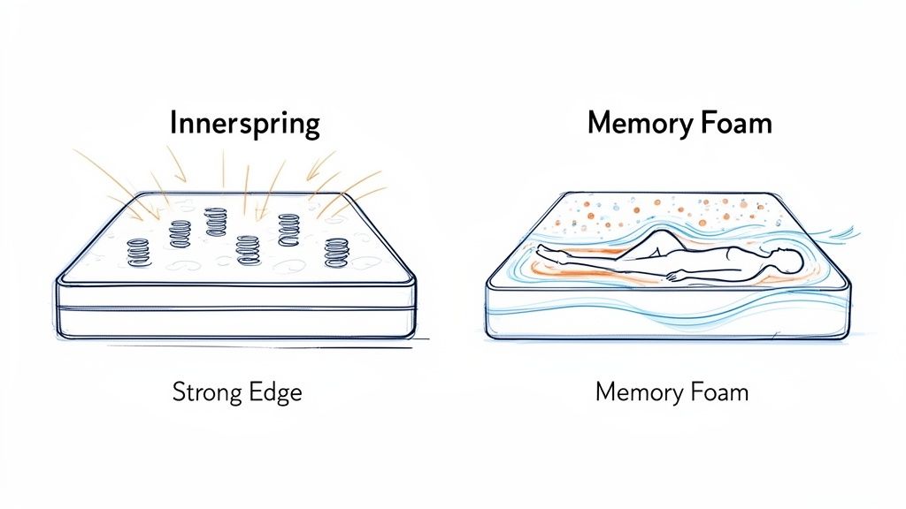A diagram comparing an innerspring mattress with visible springs and strong edges to a memory foam mattress contouring to a person's body.