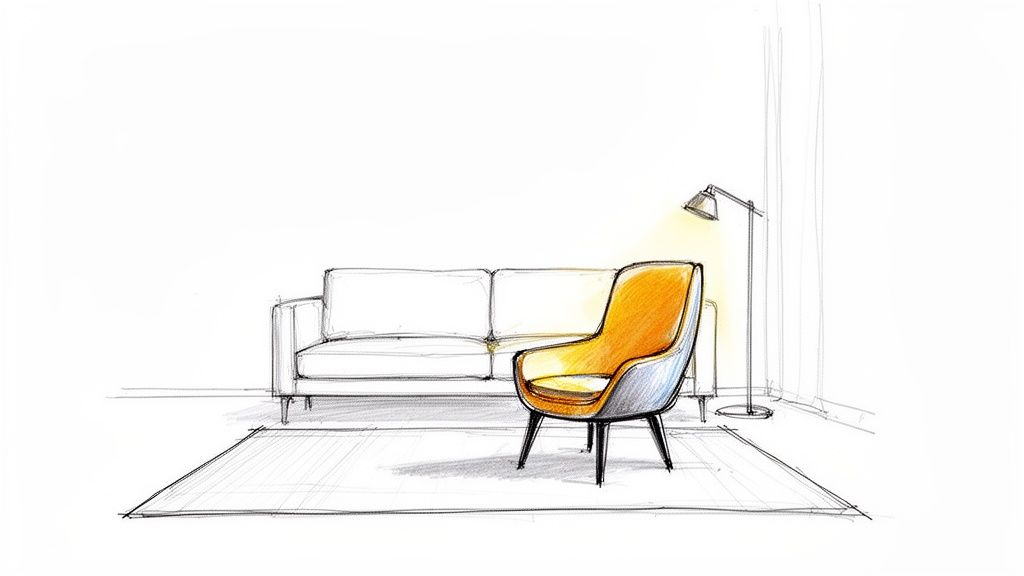 A minimalist sketch of a living room featuring a white sofa and a vibrant orange accent chair.