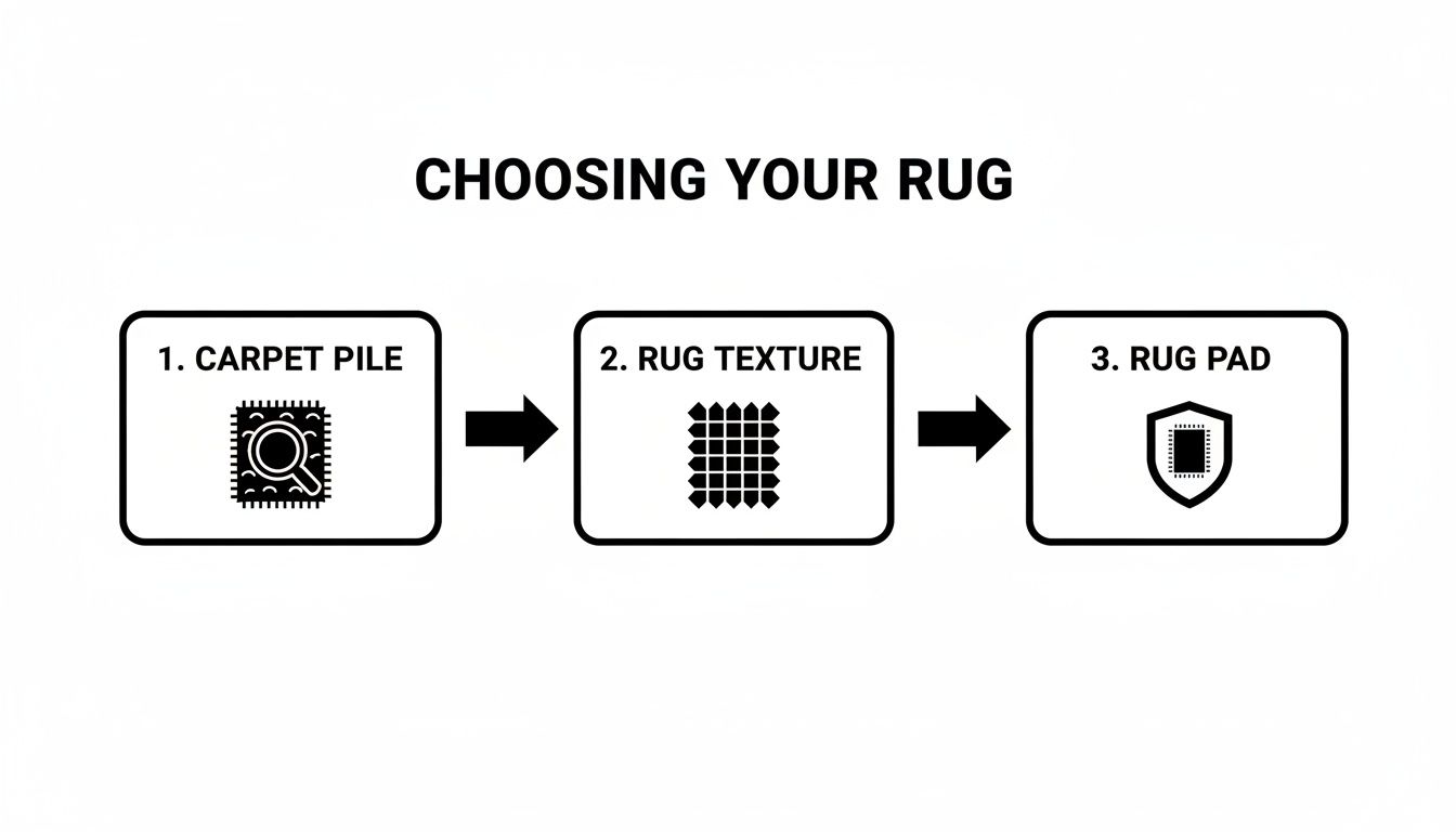 A flowchart titled 'Choosing Your Rug' with three steps: Carpet Pile, Rug Texture, and Rug Pad.