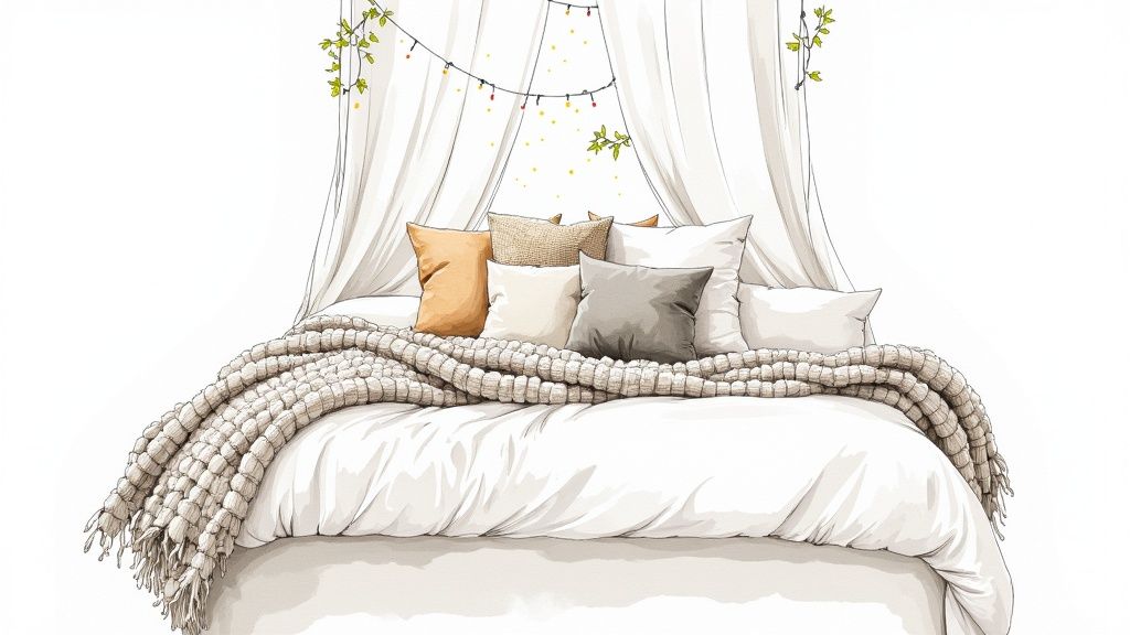 A cozy bed with white duvet, neutral pillows, a chunky knit blanket, and a canopy with string lights and green vines.