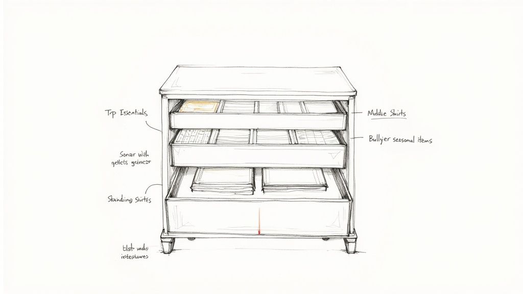 A detailed sketch of a dresser with open drawers, showing labels for organizing various clothing items.