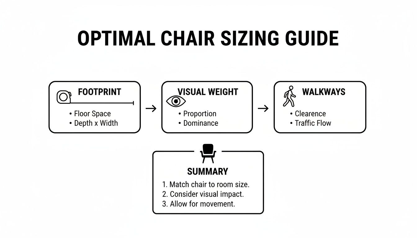 Flowchart titled 'Optimal Chair Sizing Guide' covering footprint, visual weight, walkways, and a summary.