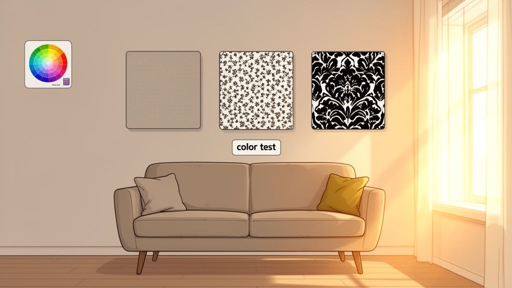 A living room scene showcasing a sofa with pillows, fabric samples, a color wheel, and a 'color test' label.