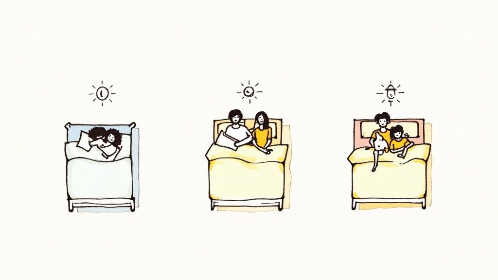 A couple happily relaxing in a spacious bed, suggesting a lifestyle choice.
