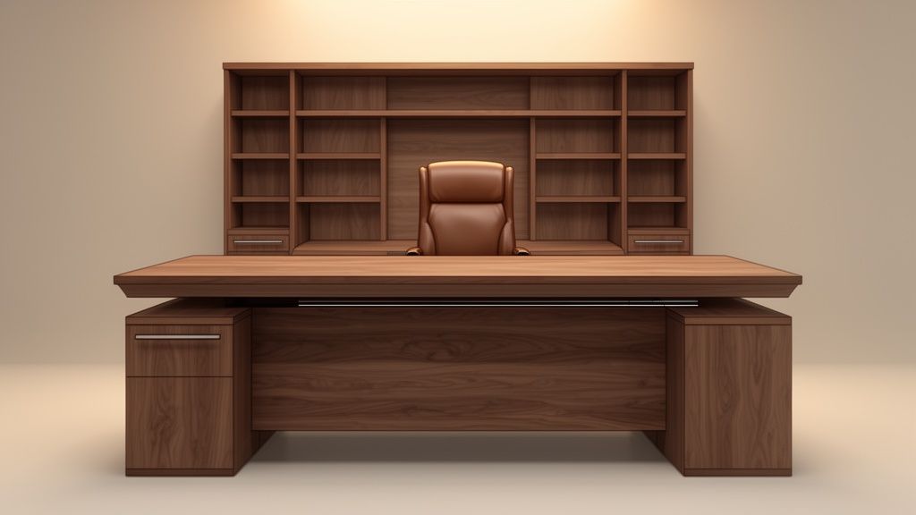 A luxurious wooden executive desk with a brown leather chair and integrated bookshelf hutch.