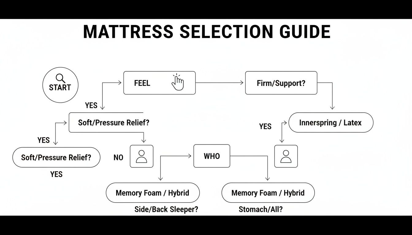 Flowchart guiding mattress selection based on feel, pressure relief, support, and sleeping position.