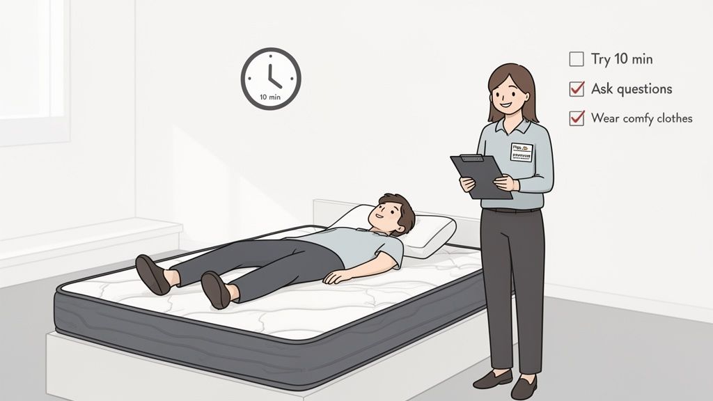 A man tries out a mattress while a saleswoman explains buying tips from a checklist.