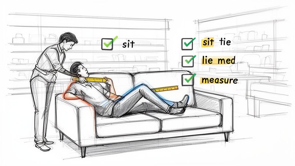 A person measures a man lying on a sofa with a tape measure, highlighting sofa fitting.