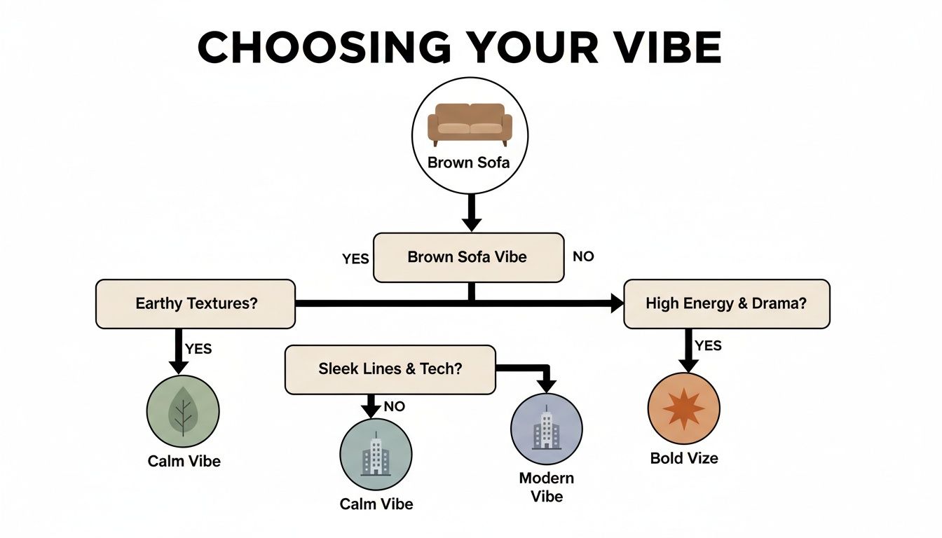 Flowchart guiding design choices for a brown sofa, leading to calm, modern, or bold vibes.
