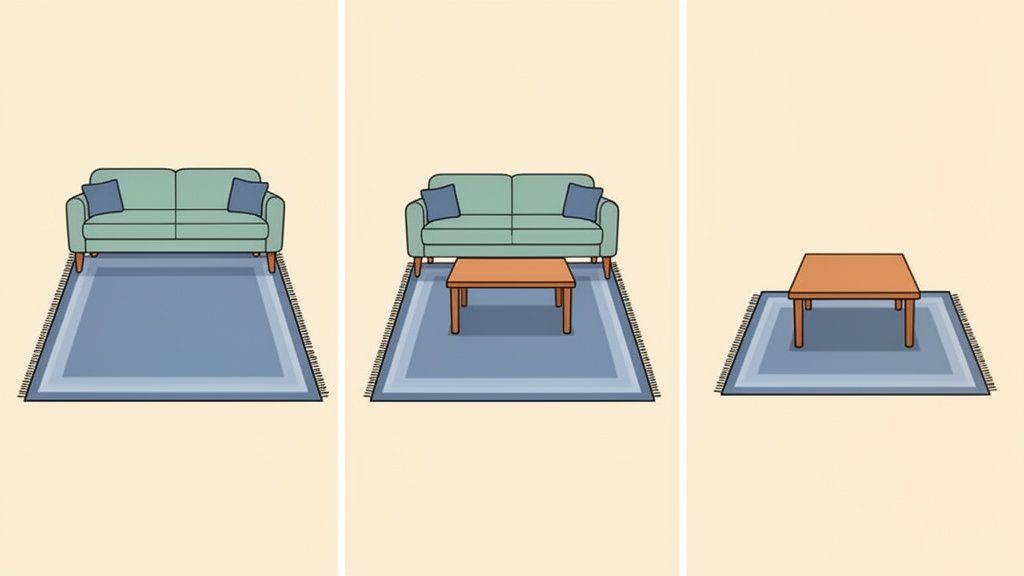 Three illustrations depict proper rug sizing and furniture placement in a living room setup.