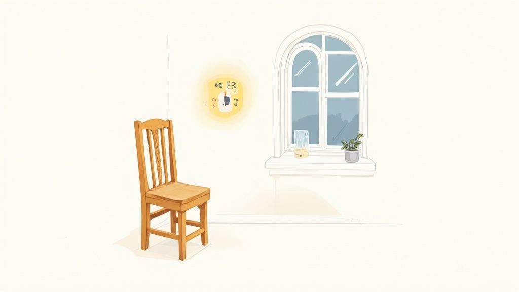 A minimalist room with a light wooden chair, a glowing wall clock, and an arched window.