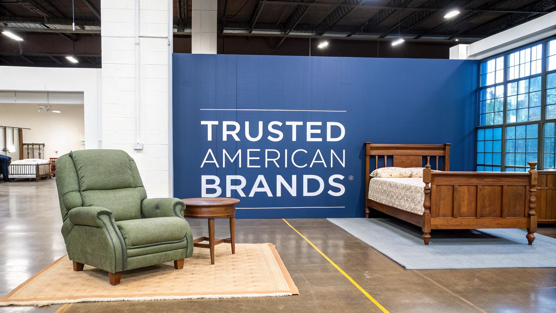 A green recliner, wooden side table, and bed on display against a blue 'TRUSTED AMERICAN BRANDS' wall.