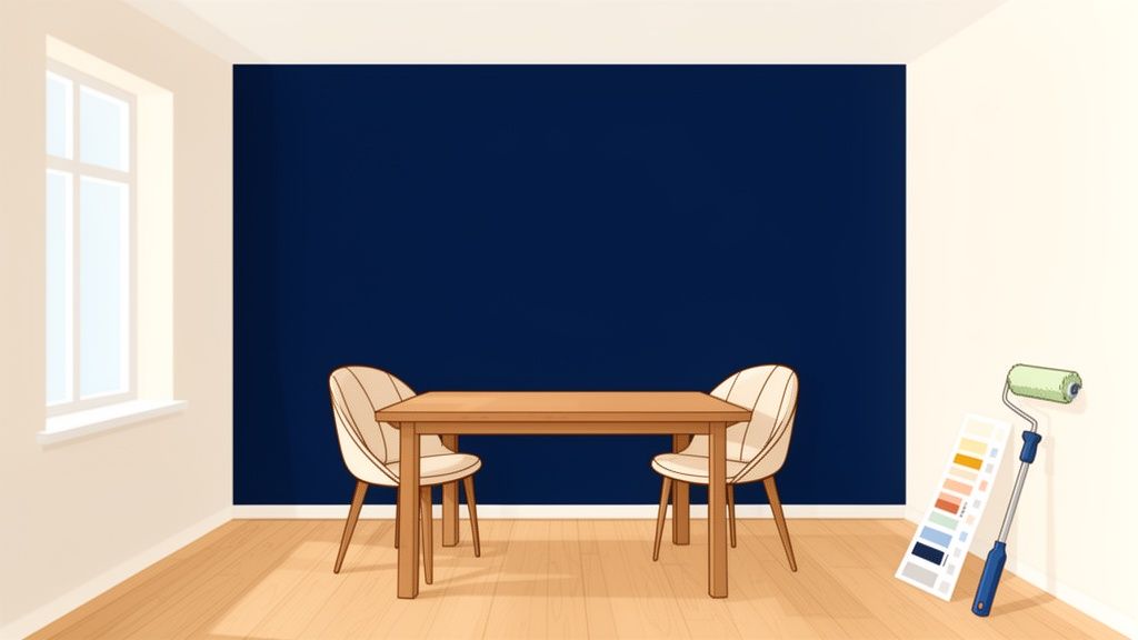 An empty dining room with a blue accent wall, wooden table, two chairs, and painting tools.