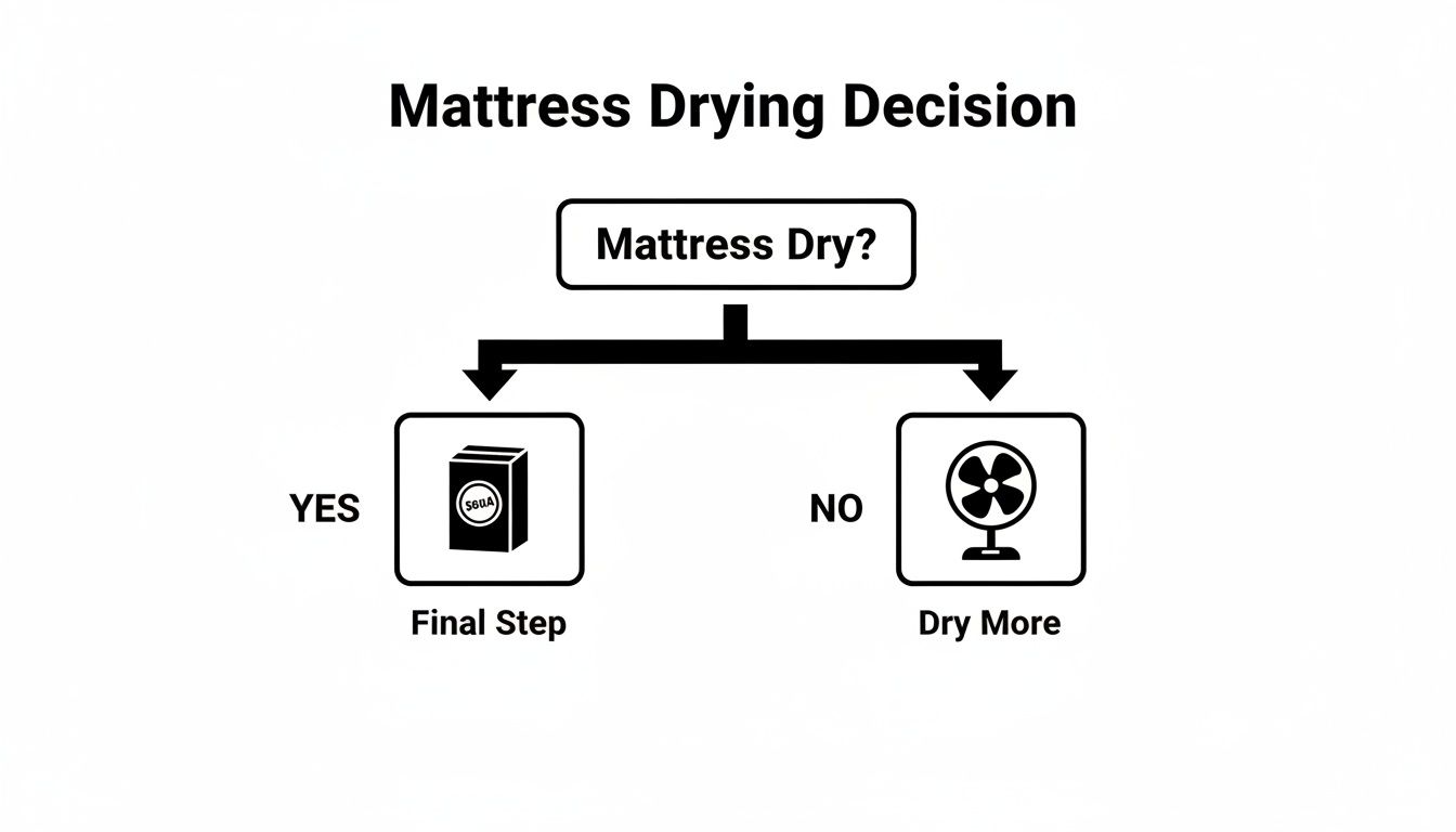 Flowchart showing mattress drying decision: if dry, apply baking soda; if not, continue drying with a fan.
