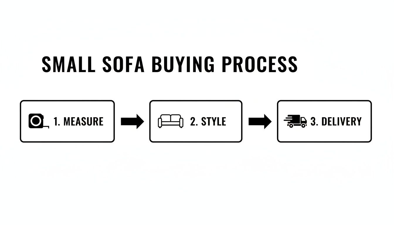 Flowchart depicting the small sofa buying process with three steps: measure, style, and delivery.