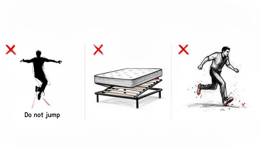Three panels illustrate warnings for mattress care: do not jump, ensure proper setup, and do not run on it.