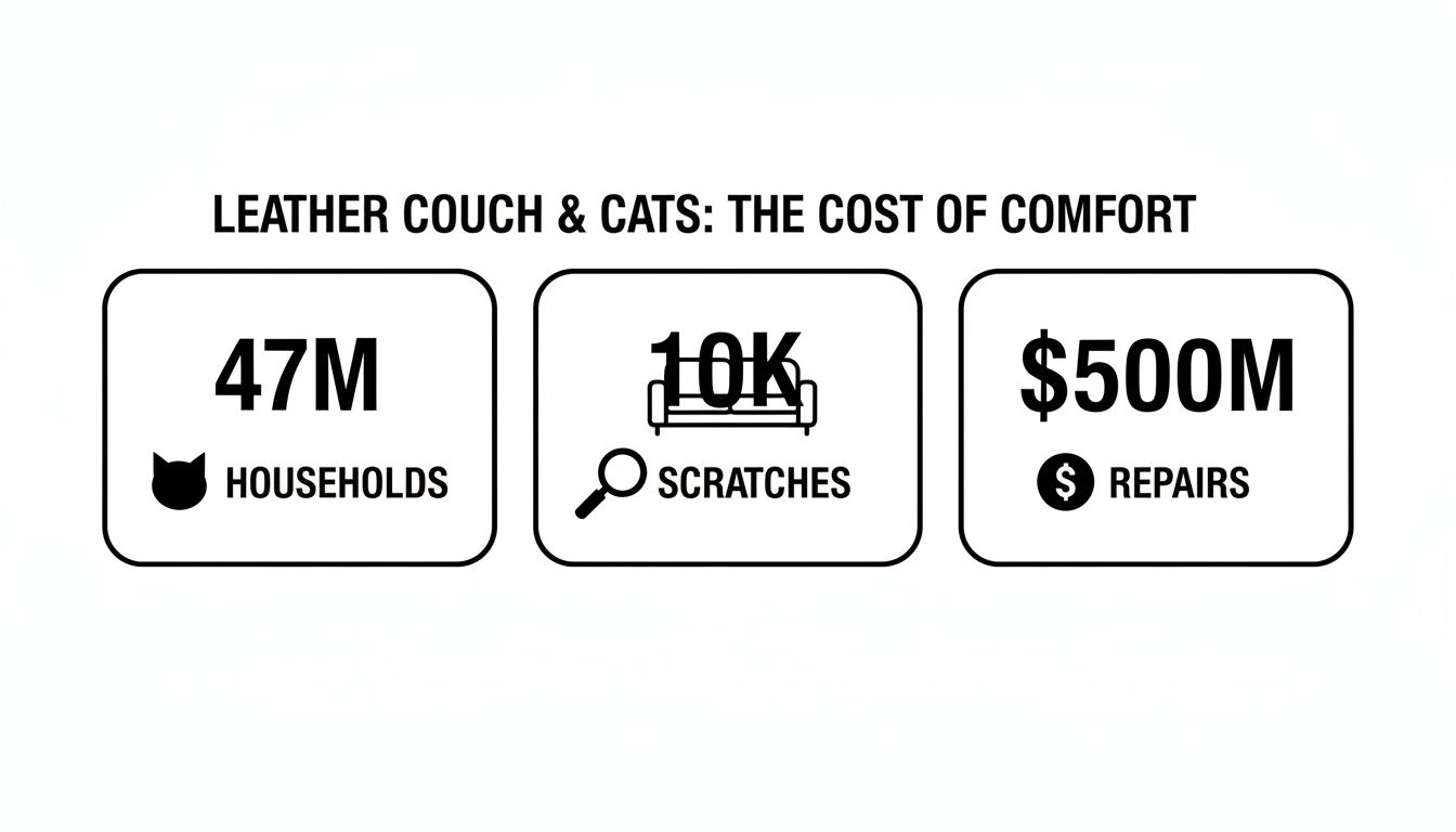 Infographic showing the cost of leather couches and cats, detailing 47M households, 10K scratches, and $500M in repairs.