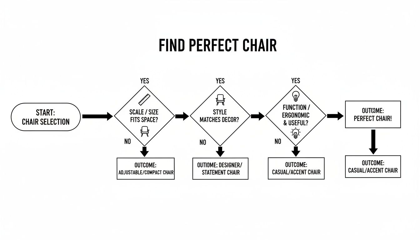 Flowchart illustrating the process to find the perfect chair, considering scale, style, and function.