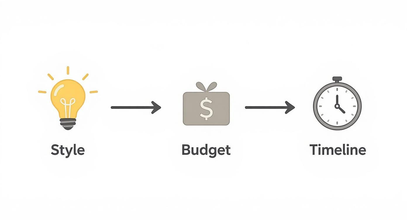 A visual diagram illustrating the connection between style, budget, and timeline in a project.