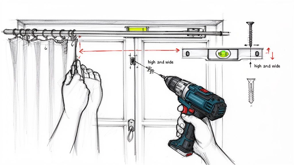 Hands measuring curtain length, drilling for a rod bracket, and using a spirit level for proper curtain installation.