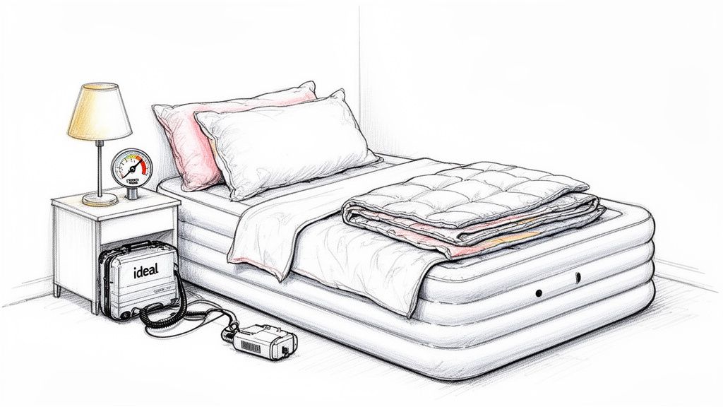 A detailed drawing of an inflatable air mattress setup with a nightstand, lamp, pressure gauge, and pump.