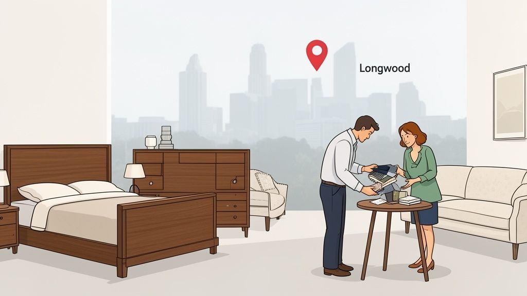 Two people review fabric samples in a modern room with wooden furniture and a city view.