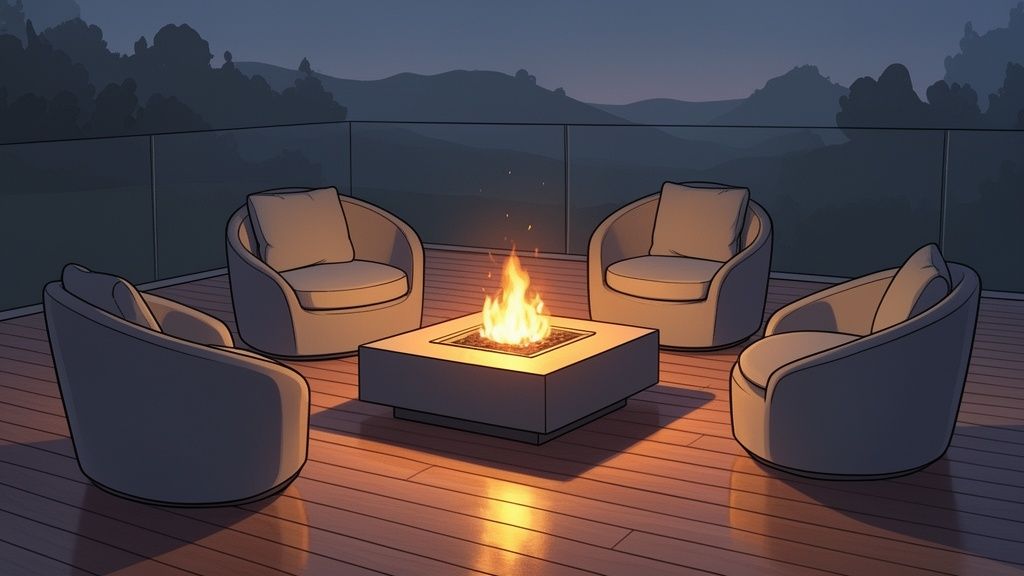 A cozy outdoor deck at night with a lit fire pit surrounded by four armchairs.