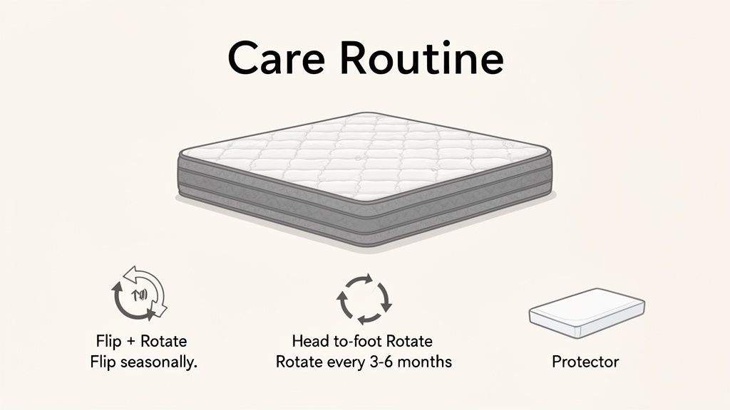 Illustration showing a mattress care routine with instructions for flipping, rotating, and using a protector.