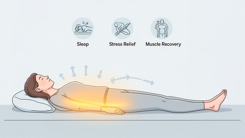 Illustration of a person lying down, experiencing heat and rhythmic motion for sleep, stress relief, and muscle recovery.