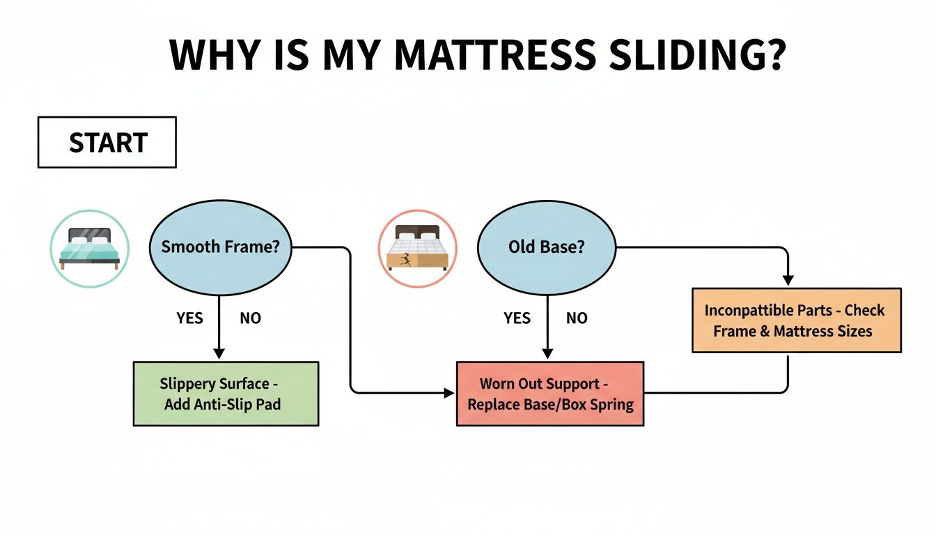 Flowchart diagnosing a sliding mattress problem, offering solutions like anti-slip pads, replacing worn support, or checking sizes.