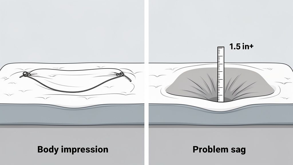 Illustration contrasting a normal mattress body impression with a deep, problematic sag measuring over 1.5 inches.