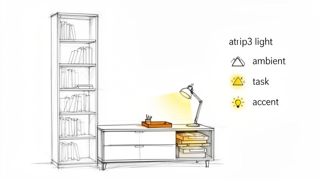 A sketch of a home office with a bookshelf, storage cabinet, task lamp, and a legend for lighting types.