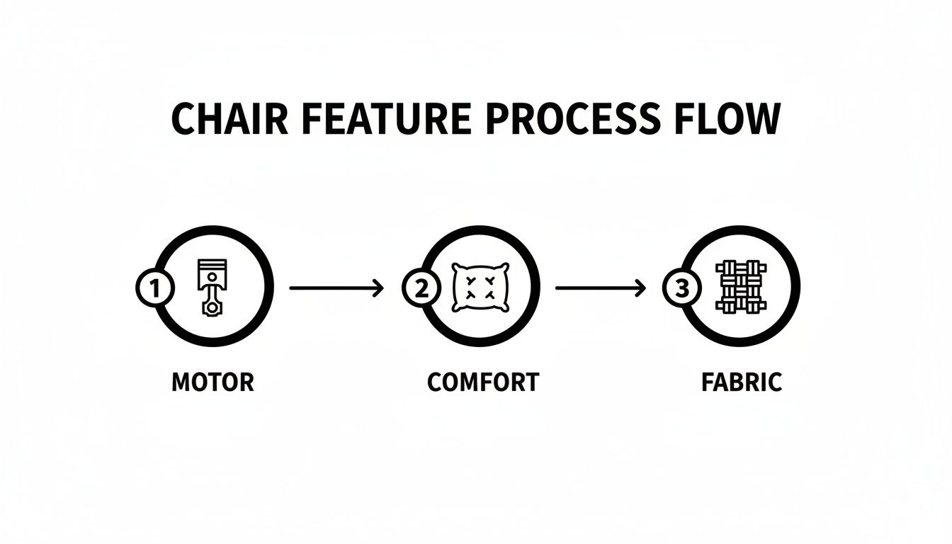 A diagram illustrating the chair feature process flow, showing sequential steps for motor, comfort, and fabric.
