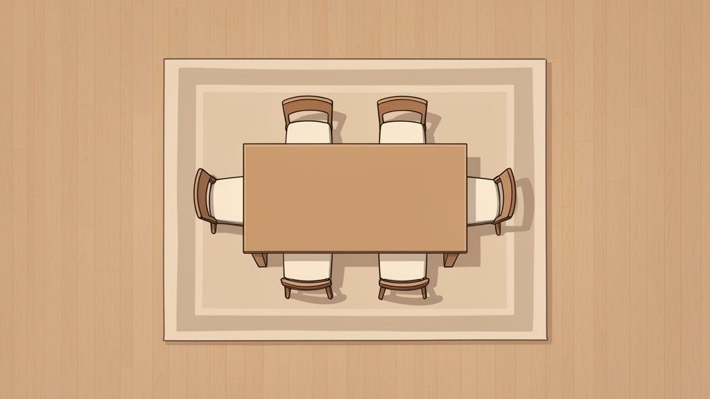 Overhead view of a dining room with a rectangular table, six chairs, and a rug on a wooden floor.