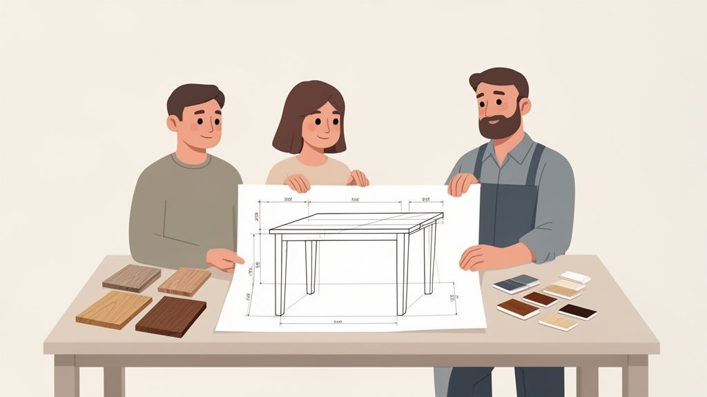 A couple and a carpenter discussing a table blueprint with various wood and finish samples.