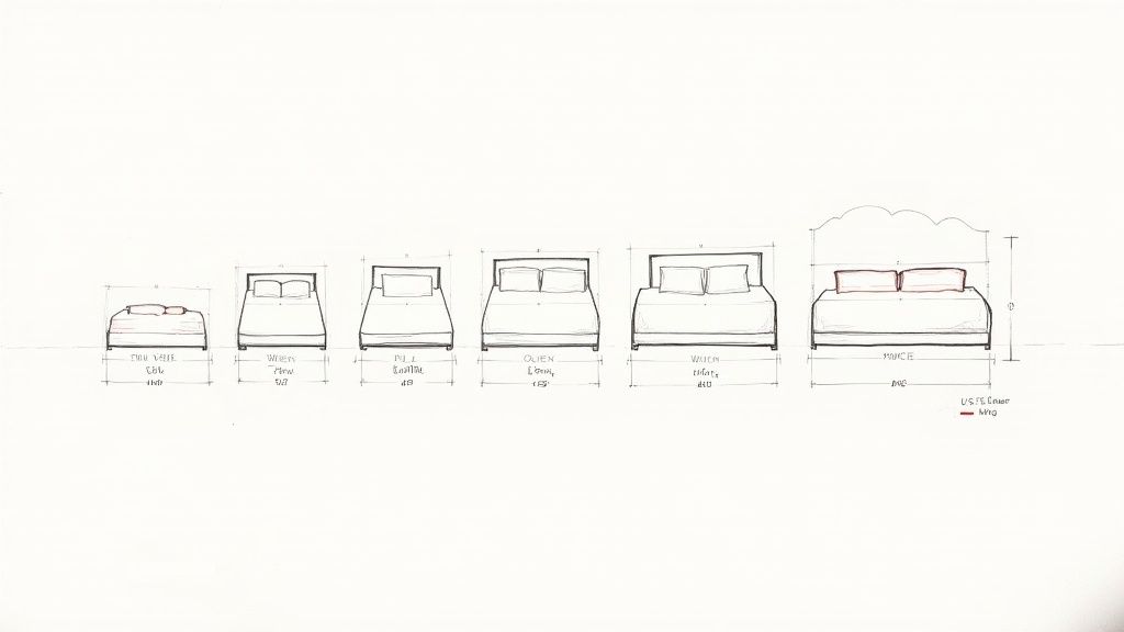 Hand-drawn illustration showing six different bed sizes with their names and dimensions in centimeters.