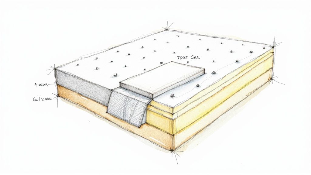 Close-up of the layers inside a memory foam mattress, showing different densities and textures.