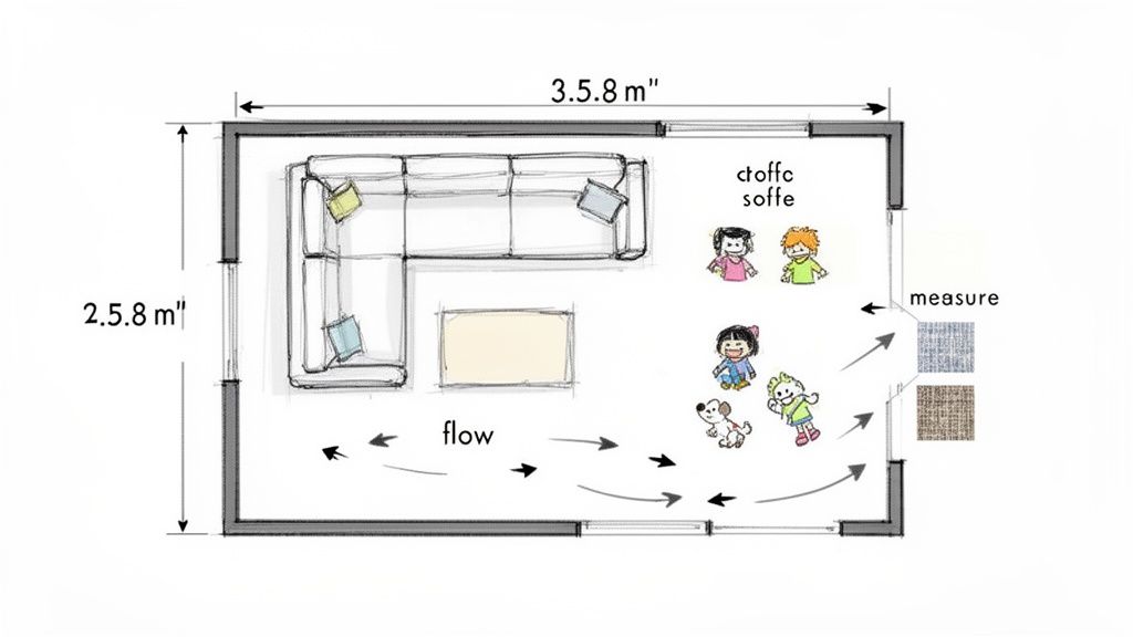 Floor plan sketch of a living room with an L-shaped sofa, coffee table, dimensions, and children playing.